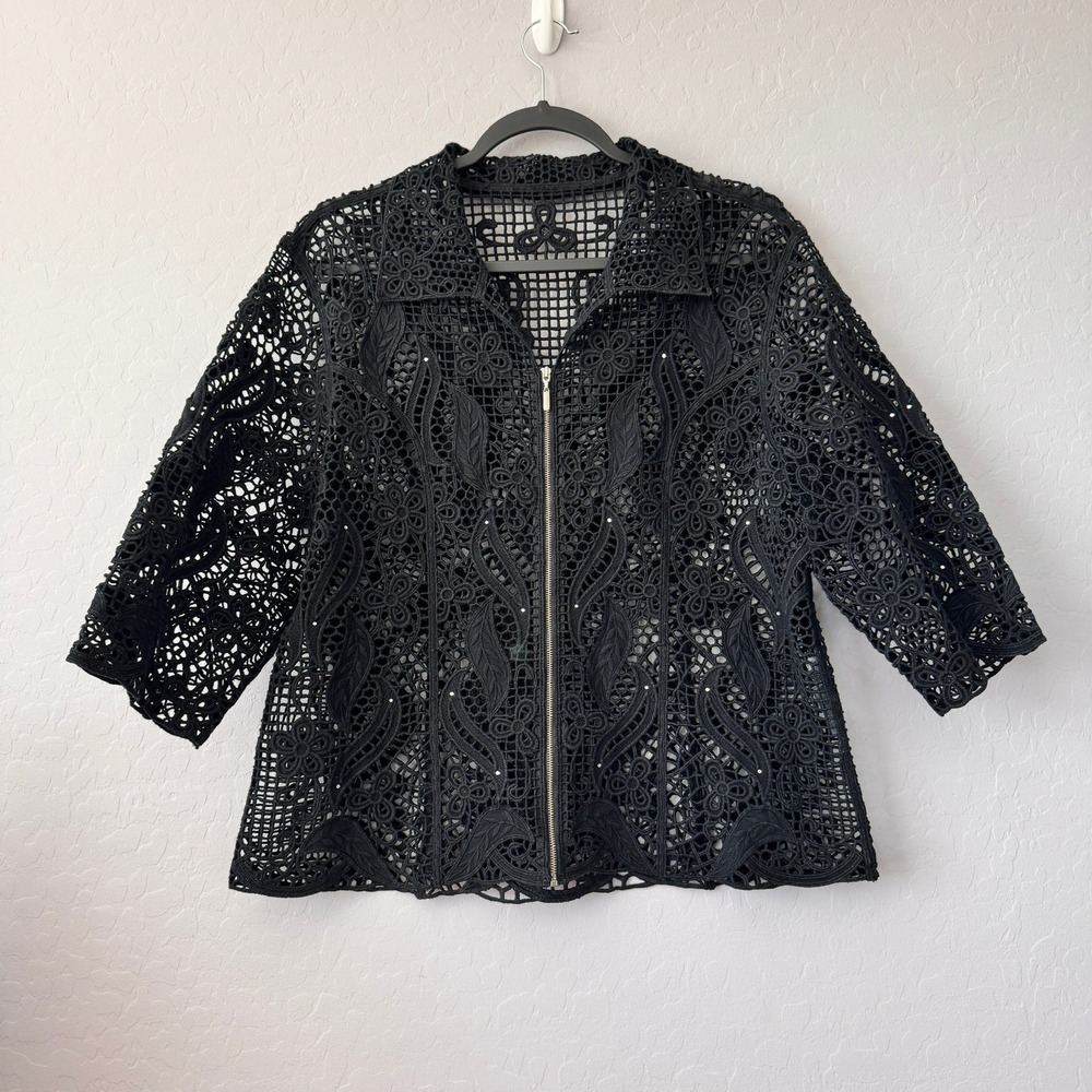 Variations Large Crochet Lace Jacket Black Beaded Full Zip Floral Collared